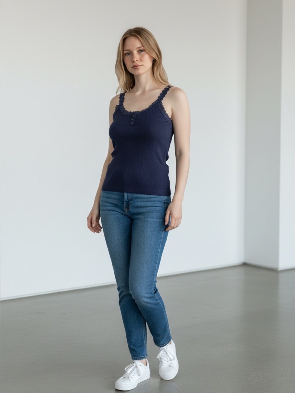 Women's Navy Lace-Trim Ribbed Button-Front Tank Top
